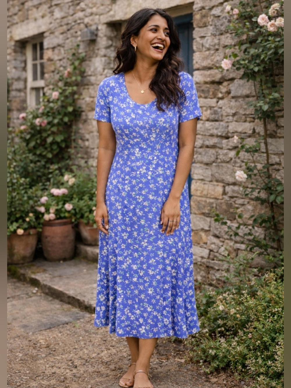 VINTAGE 90s Floral Cottagecore Long Midi Dress Small Periwinkle Blue Miss Honey